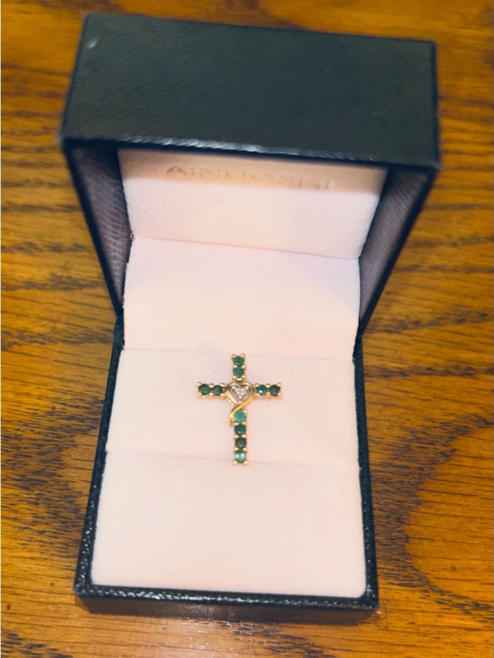 Gold Cross Pendant with Birthstone Emerald Green Gemstones and Heart Accent
